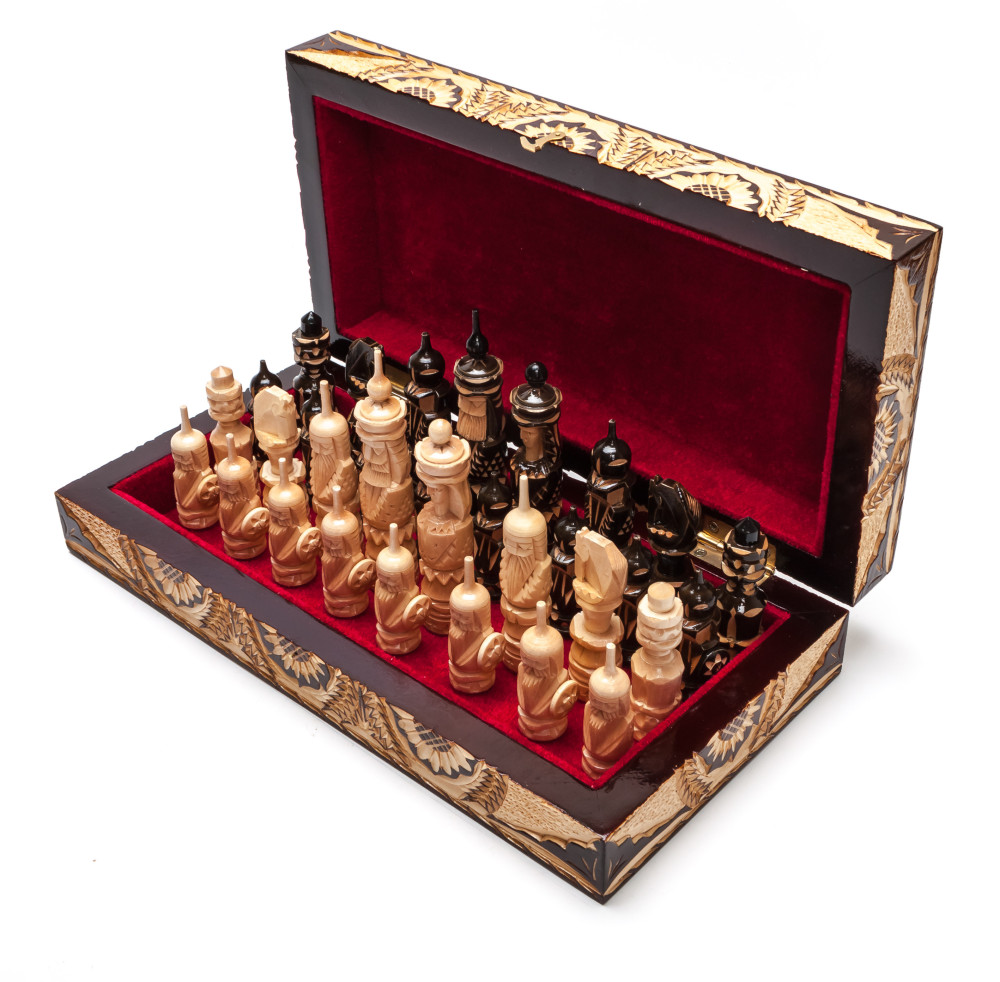 300x300 mm Hand Carved Chess Pieces on Inlaid Wood Board Box (by Fyodor Chess Workshop)
