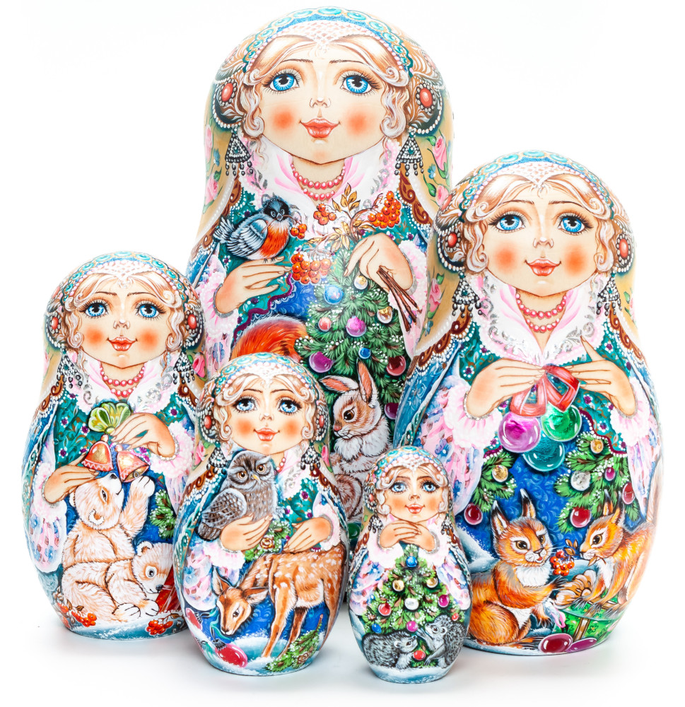 170 mm Christmas Green Tree, Fox, Rabbit and a Bullfinch hand painted Matryoshka 5 pcs (by Galina Ulianova)