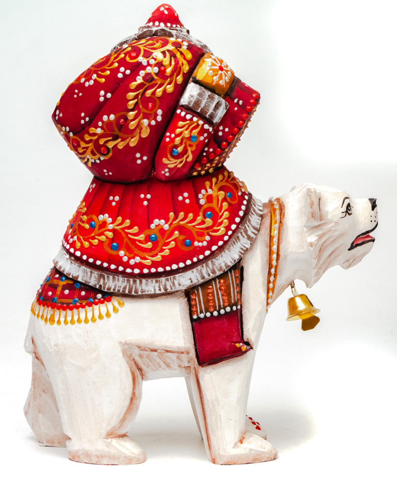 190 mm Santa Claus rides Polar Bear hand carved and painted wooden figure with a Green Tree and Bag of Gifts (by Natalia Workshop)