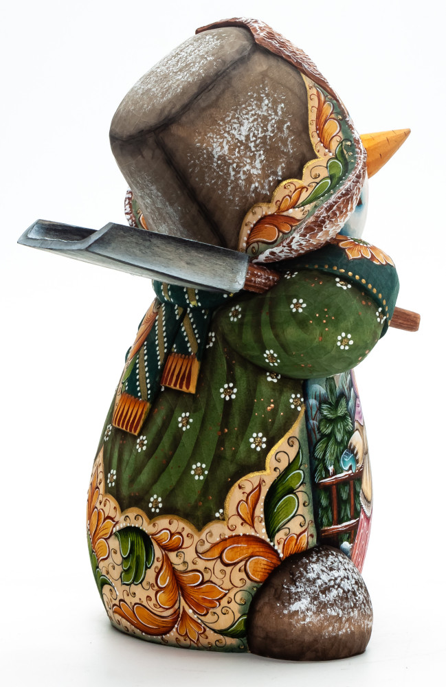 190 mm Snowman with a Shovel and Children feeding Bullfinches wooden figurine (by Natalia Nikitina Workshop)