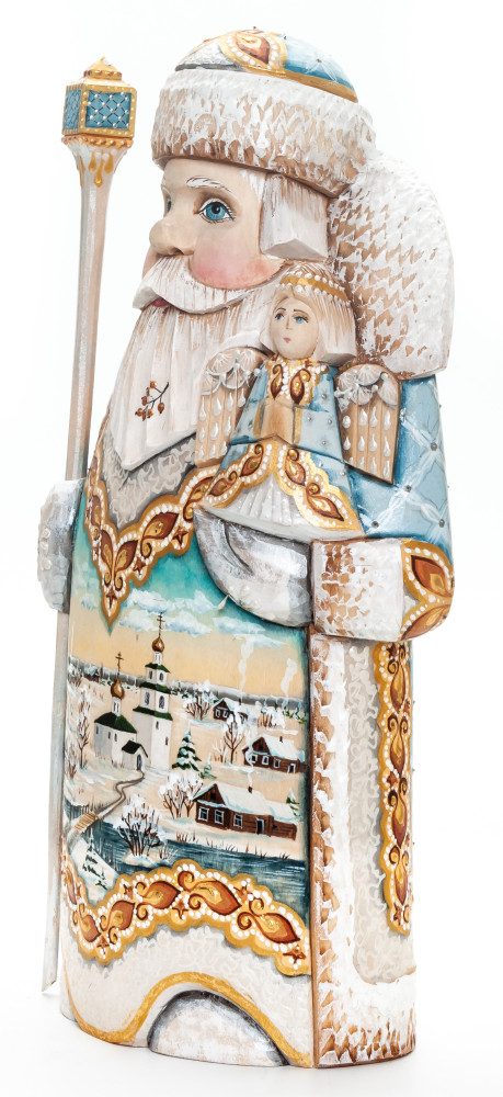 260 mm Santa Claus with a Magic Staff and an Angel with handpainted Russian Winter Wooden Carved Statue (by Natalia Nikitina Workshop)