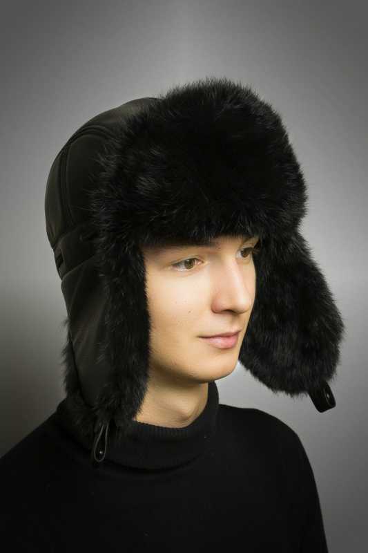 Black Rabbit Hair Hat with Ear flaps and Leather top (by Boris Furs)