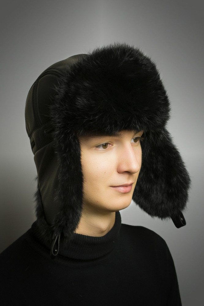 Black Rabbit Hair Hat with Ear flaps and Leather top (by Boris Furs)