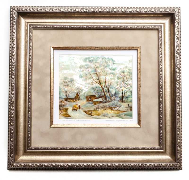 365x350 mm Winter Landscape hand painted on Nacre Fedoscino painting (by Tatiana Fedoscino Arts)