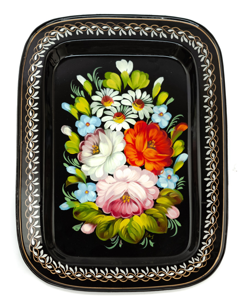195x260 mm Zhostovo Patterns hand painted and lacquered Metal Forged Black Tray (by Lada Crafts)