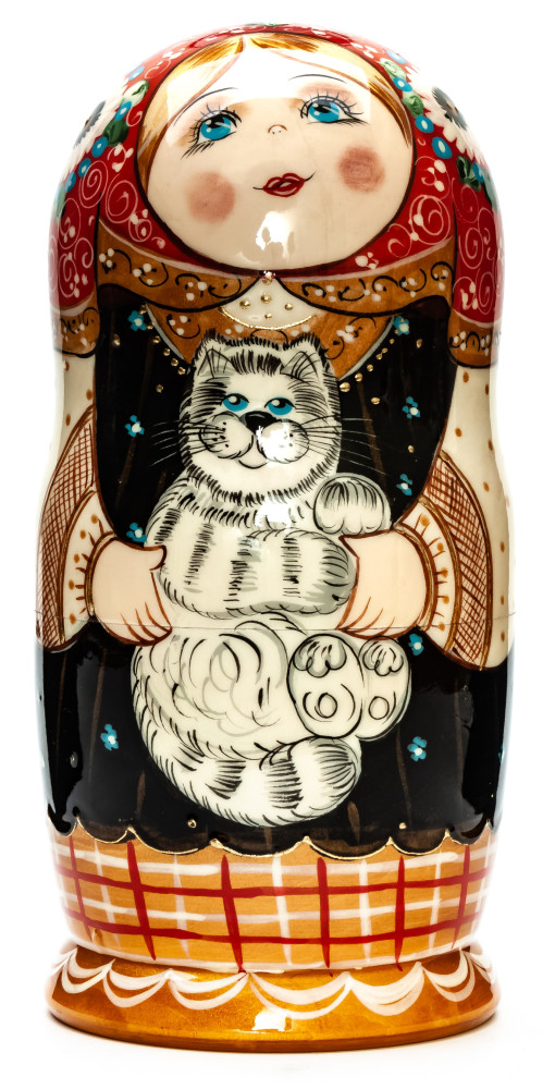 170 mm Russian Girl in Traditional Dress plays with Kitten hand painted wooden Matryoshka doll 5 pcs (by A Studio)