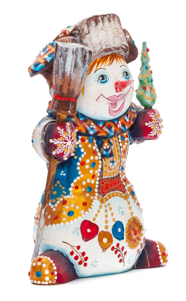 160 mm Snowman with a Broom and a Green Christmas Tree on wooden Figurine (by Natalia Nikitina Workshop)