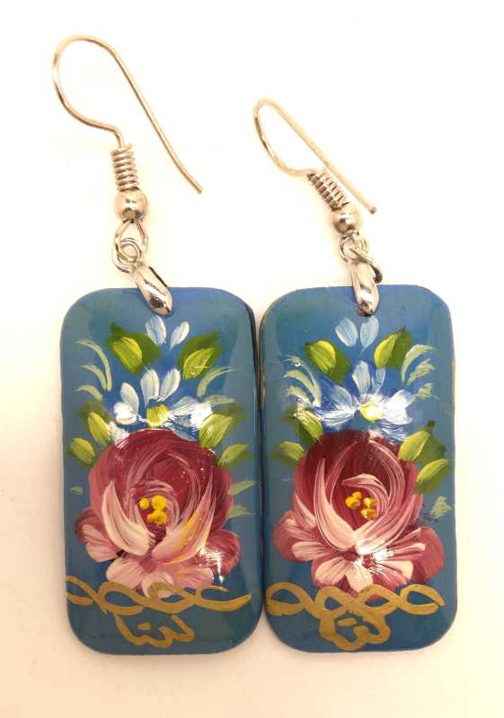 Zhostovo Blue Rectangular hand painted papier-mache Earrings (by Lada Workshop)
