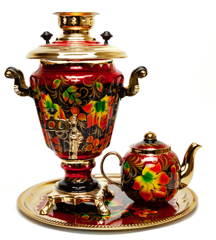 Golden Autumn Hand Painted Electric Samovar Kettle with teapot and tray