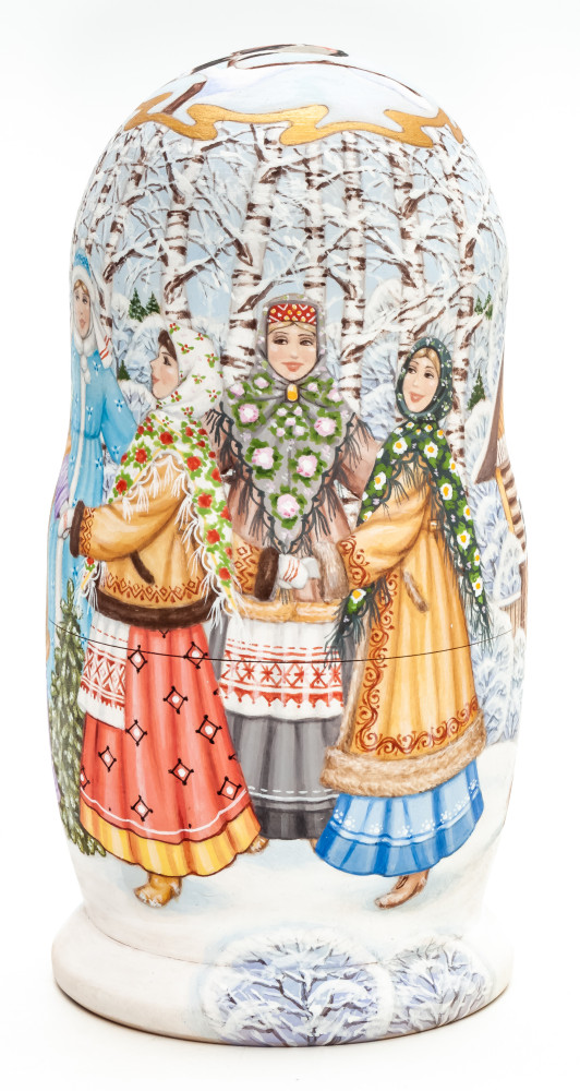 180 mm Russian Christmas Round Dancing hand painted by Mikhail Sokolov wooden Matryoshka doll 5 pcs inside (by Nikitina)