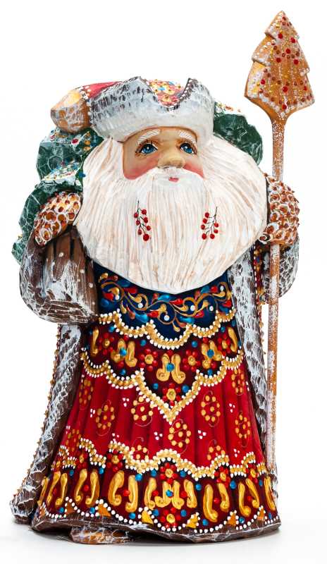 220 mm Santa with a Magic Staff and a Bag Carved Wood Hand Painted Collectible Figurine  (by Natalia Nikitina Workshop)
