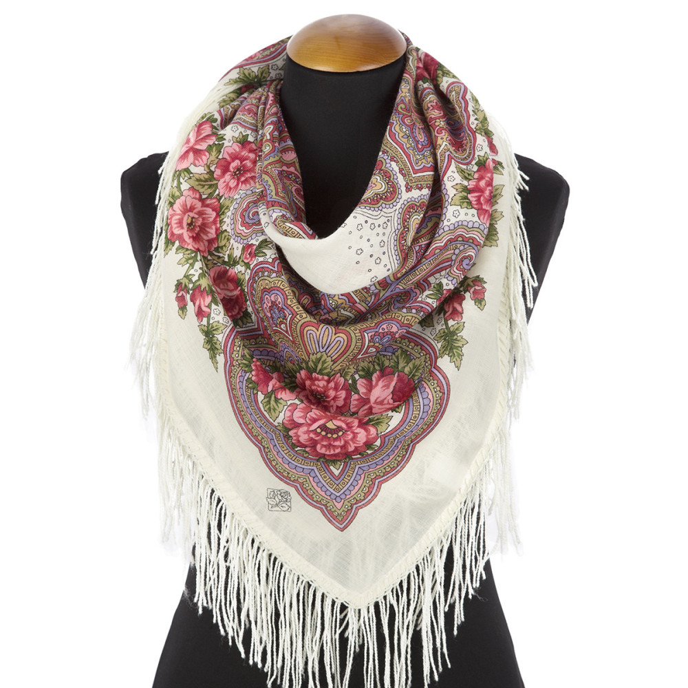 89x89 cm Kamarinskaya Woolen Shawl with Woolen Fringe Pavlovo Posad Manufactory