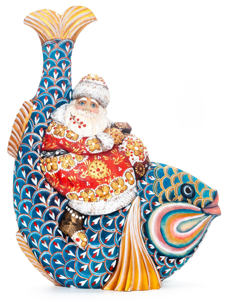260 mm Santa Claus with a Bag Riding the Fish Carved Wood Hand Painted Collectible Figurine  (by Natalia Nikitina Workshop)