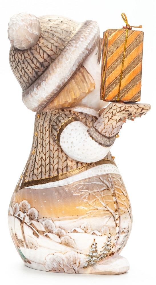 180 mm Snowman with a Broom and a Gift hand painted wooden figurine (by Natalia Nikitina Workshop)