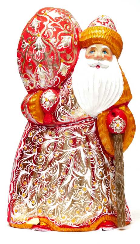 200 mm Santa Claus with a Large Bag of Christmas Gifts on his shoulder and in a Floral Brocade Coat Carved wooden figure, hand-painted (by Igor Wood Carving Figures Studio)