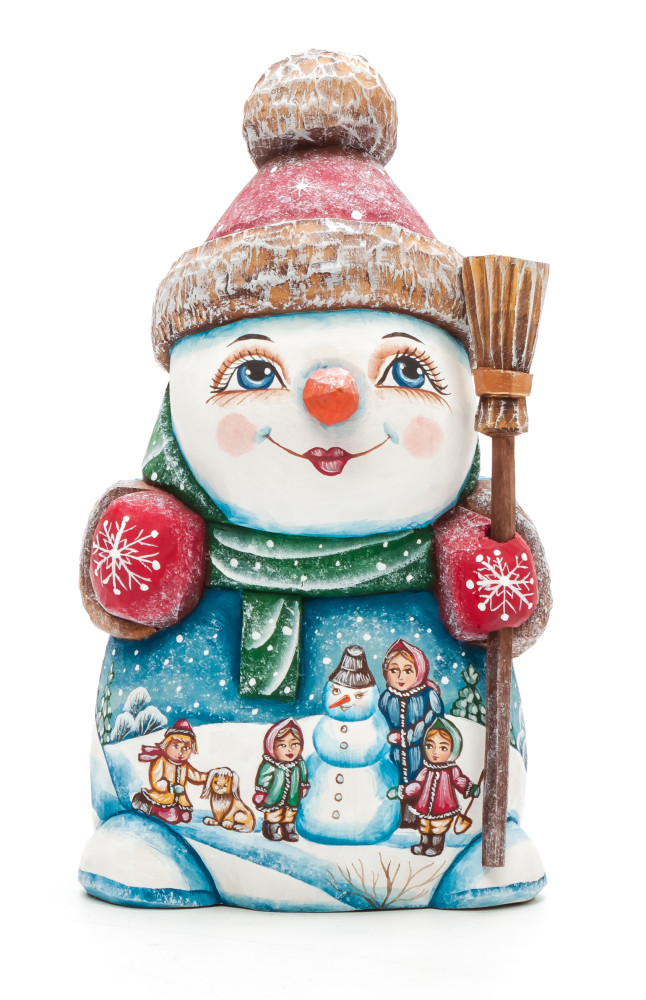 160 mm Snowman with a Broom and a Green Christmas Tree on wooden Figurine with hand painted Kinds playing in the Street (by Natalia Nikitina Workshop)