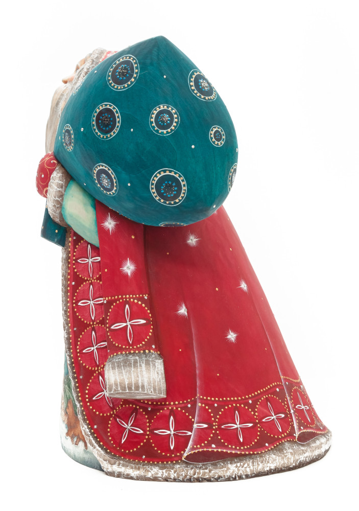 230 mm Santa with a Magic Staff and a Bag with hand painted Kids riding the Sleigh Carved Wood Collectible Figurine (by Sergey Christmas Workshop)