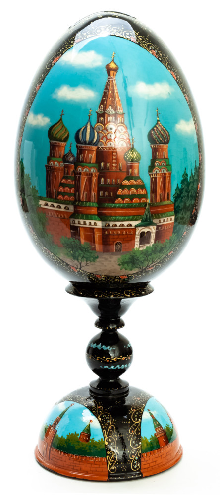  360 mm Moscow hand painted on red colored wooden Egg with standby (by Tatiana Crafts)