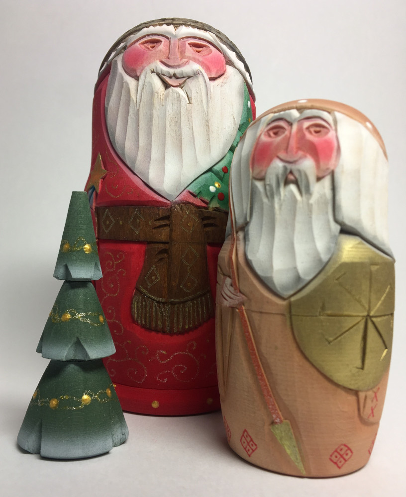 110 mm Santa Claus with Apostle Hand Carved and Painted Matryoshka shape 3 pcs inside (by Sergey Carved Wooden Dolls Studio)