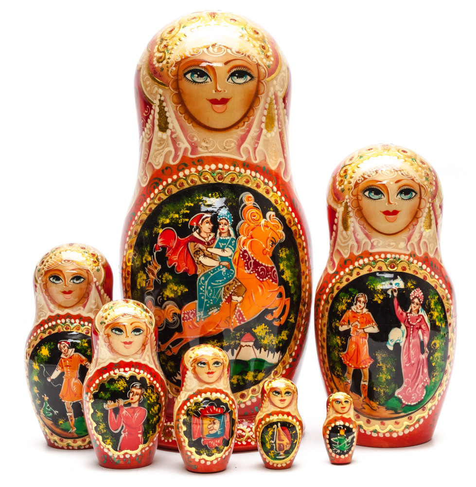 260 mm Sleeping Beauty fairytale hand painted wooden Matryoshka doll 7 pcs (by GOLDEN COCKEREL)