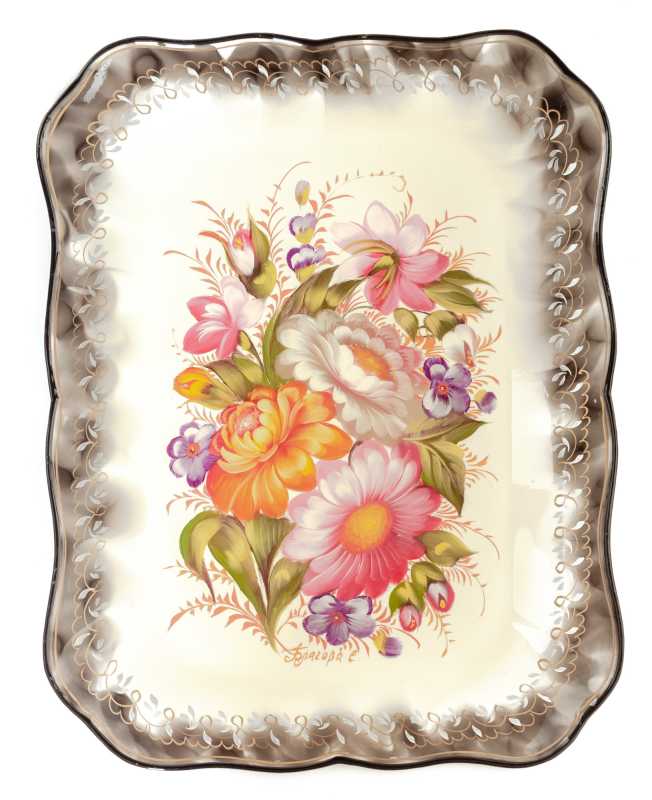 250x320 mm Zhostovo Patterns hand painted and lacquered by Blagova Metal Forged Tray (by Lada Crafts)