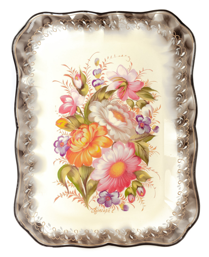 250x320 mm Zhostovo Patterns hand painted and lacquered by Blagova Metal Forged Tray (by Lada Crafts)