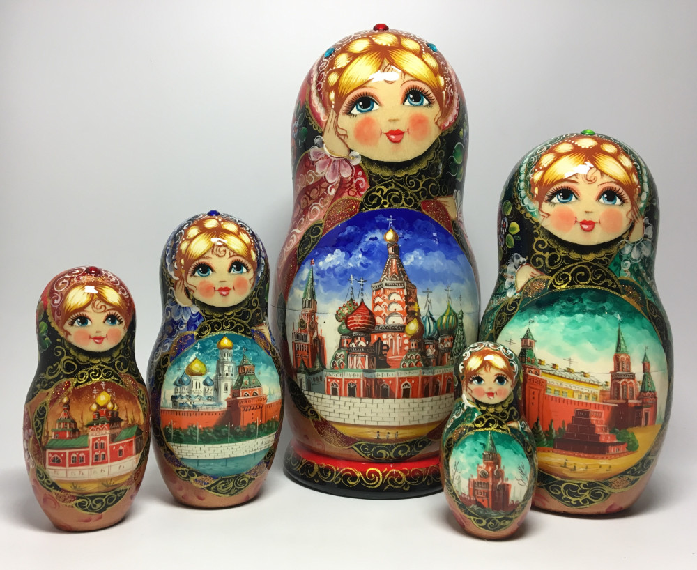 230 mm Moscow Kremlin and Snt Basil Cathedral hand painted Matryoshka 5 pcs with Zhostovo ornaments on Scarves and Rhinestones (by Olga Zaitseva)
