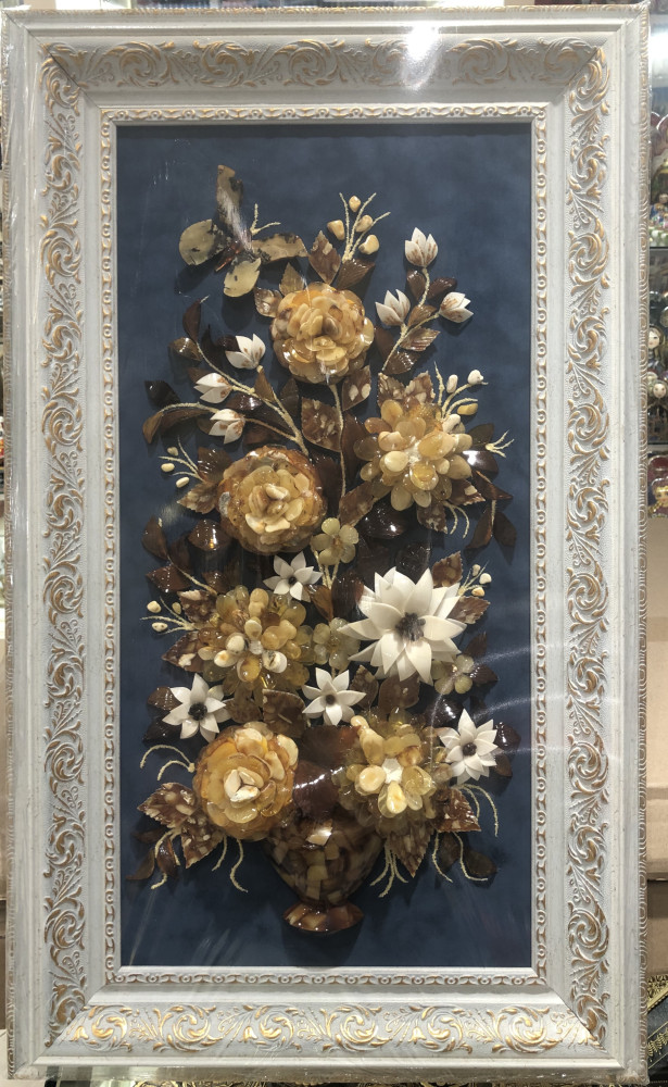 400x700 mm Bouquet of Flowers Still Life on blue background hand made of natural Baltic Sea Amber stones (by Russian Amber)