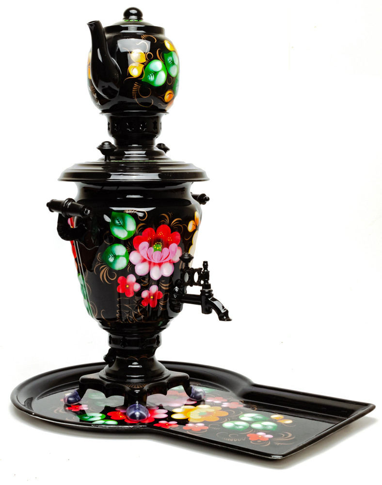 Zhostovo Hand Painted Electric Samovar Kettle with Teapot and Tray