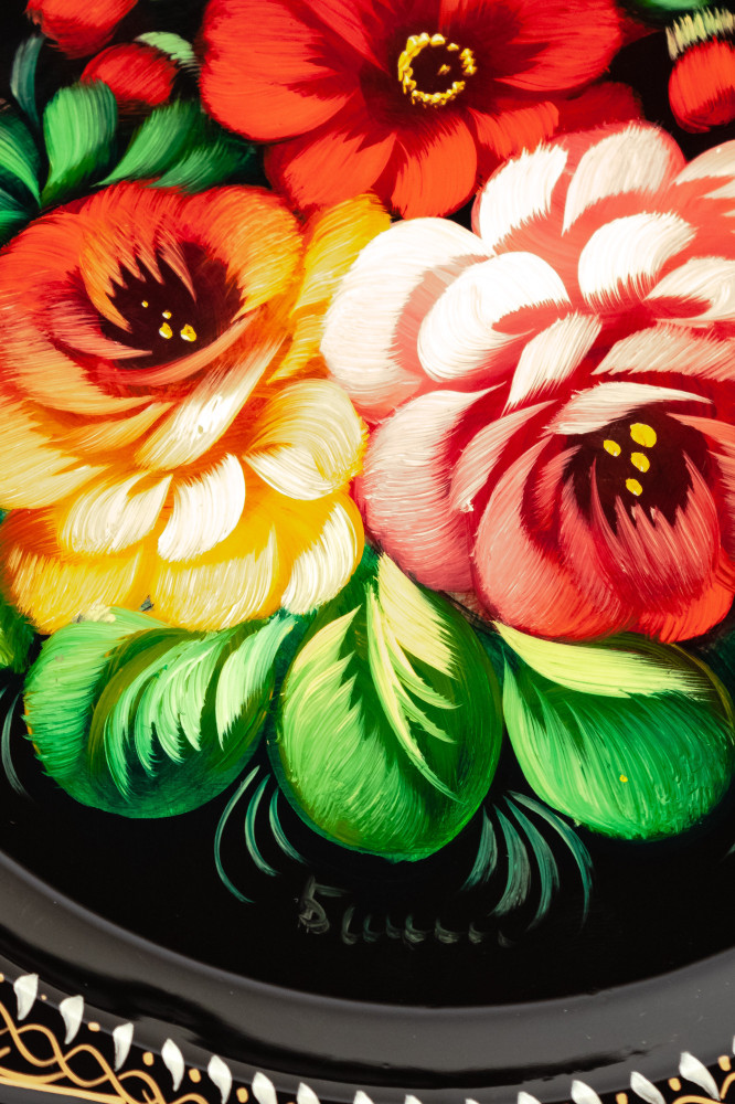 d 220 mm Zhostovo Patterns hand painted and lacquered Metal Forged Black Tray (by Lada Crafts)