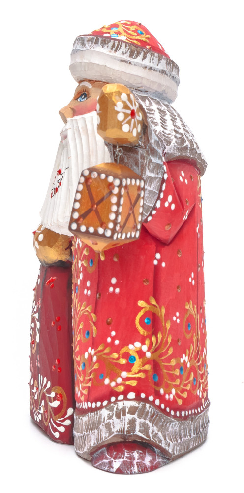 150 mm Santa with a Bag and a Lamp Carved Wood Hand Painted Collectible Figurine (by Natalia Nikitina Workshop)