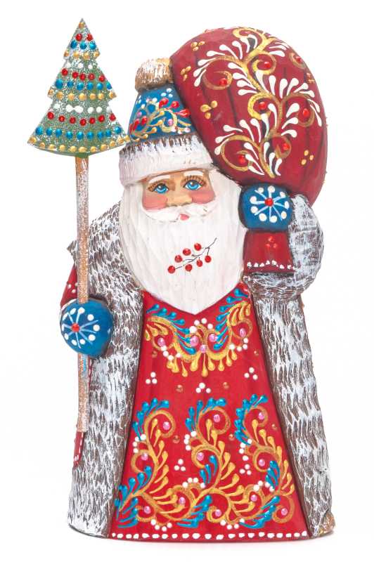 190 mm Santa with a Magic Staff and a Bag Carved Wood Hand Painted Collectible Figurine (by Natalia Nikitina Workshop)