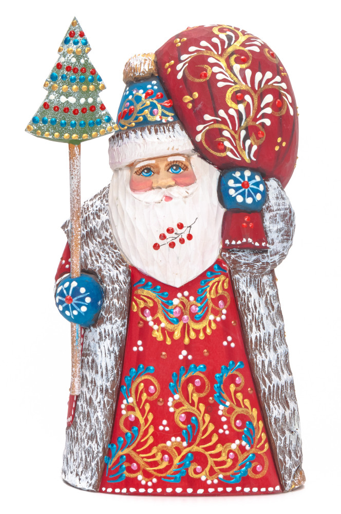 190 mm Santa with a Magic Staff and a Bag Carved Wood Hand Painted Collectible Figurine (by Natalia Nikitina Workshop)