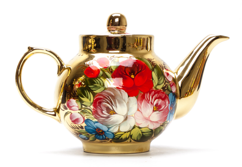 Zhostovo Flowers Electric Gold Samovar Kettle with 4 hand painted Brass Tea Glass Holders, Ceramic Teapot and metal Tray