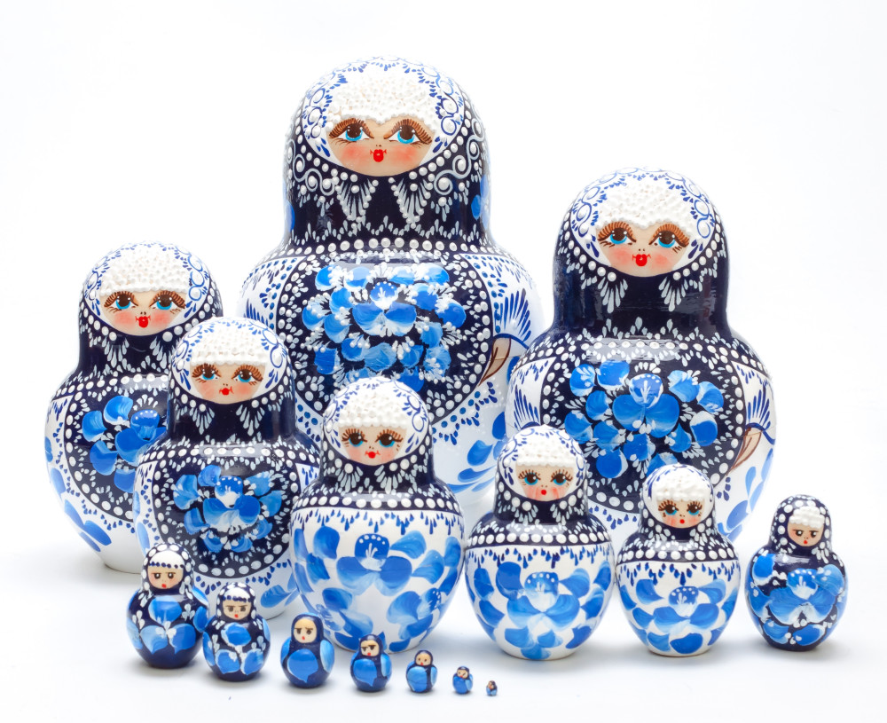 180 mm Gzhel patterns with bubbles hand painted wooden Matryoshka 15 pcs (by Valentina Studio)