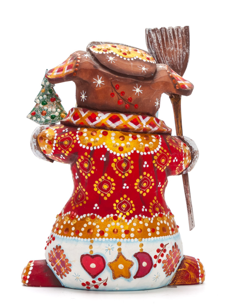160 mm Snowman with a Broom and a Green Christmas Tree on wooden Figurine (by Natalia Nikitina Workshop)