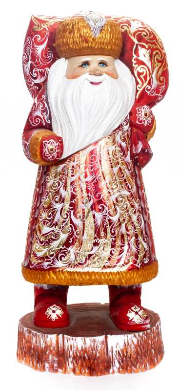 340 mm Santa Claus with a Bag and a Magic Staff handpainted Wooden Carved Statue (by Igor Carved Wooden Figures Studio)
