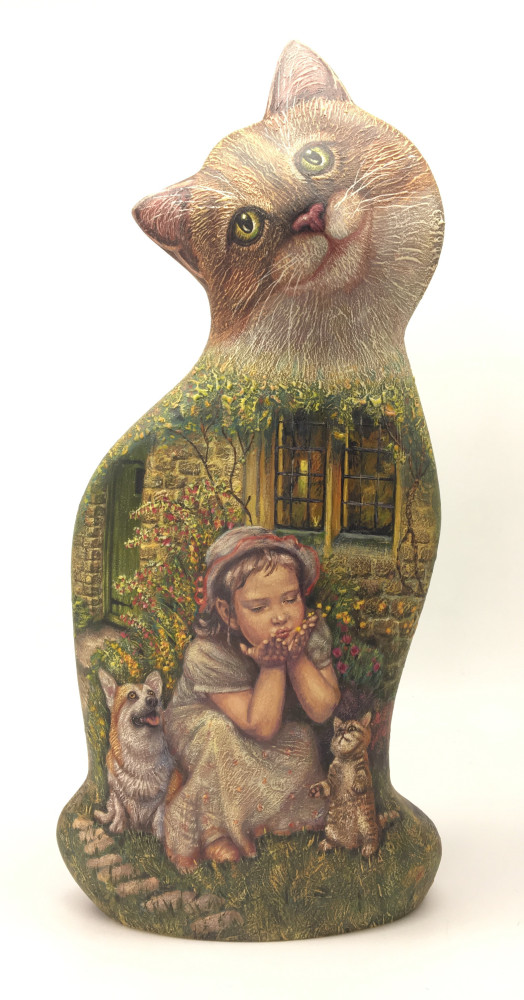 Hand Carved and Painted Cat with Little Girl and dog painting (by Vladislav Toys)