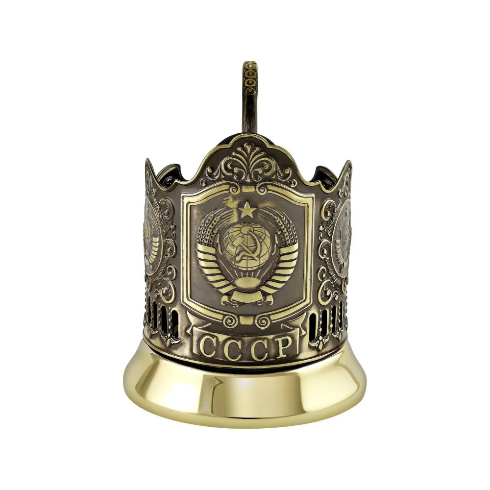 USSR coat of arms pure brass tea glass holder with crystal glass