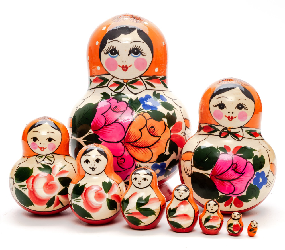 Semenovskaya Russian Matryoshka Nesting Doll orange head round shape 10 pcs inside