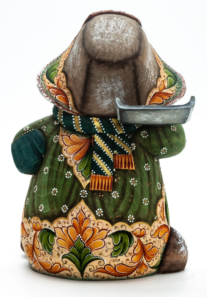 190 mm Snowman with a Shovel and Children feeding Bullfinches wooden figurine (by Natalia Nikitina Workshop)