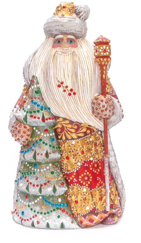 240 mm Santa with a Magic Staff and a Green Christmas Tree Carved Wood Hand Painted Collectible Figurine (by Natalia Nikitina Workshop)