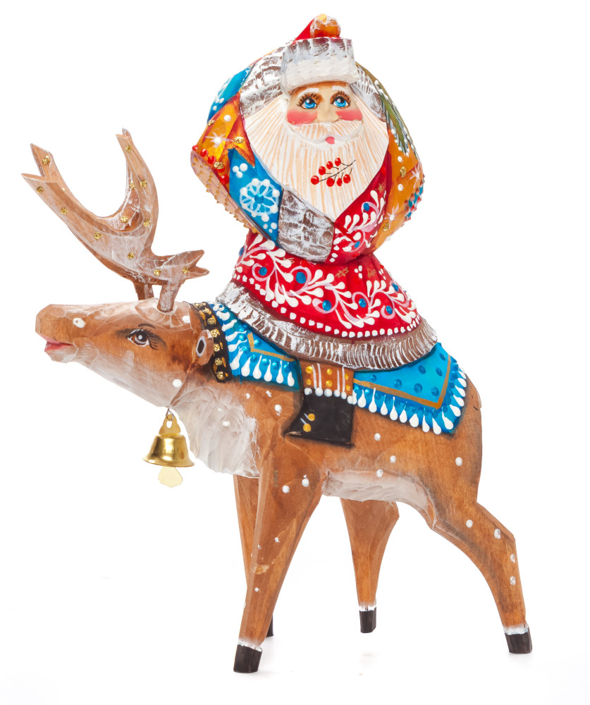 180 mm Santa with a Bag riding the Deer Carved Wood Hand Painted Collectible Figurine (by Natalia Nikitina Workshop)