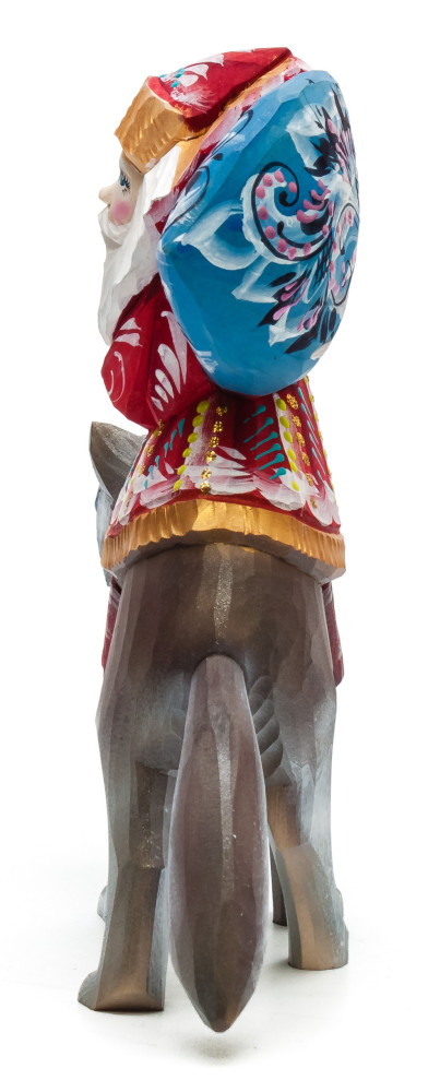 180 mm Santa with a Bag riding a Wolf Carved Wood Hand Painted Collectible Figurine (by Igor Carved Wooden Figures Studio)