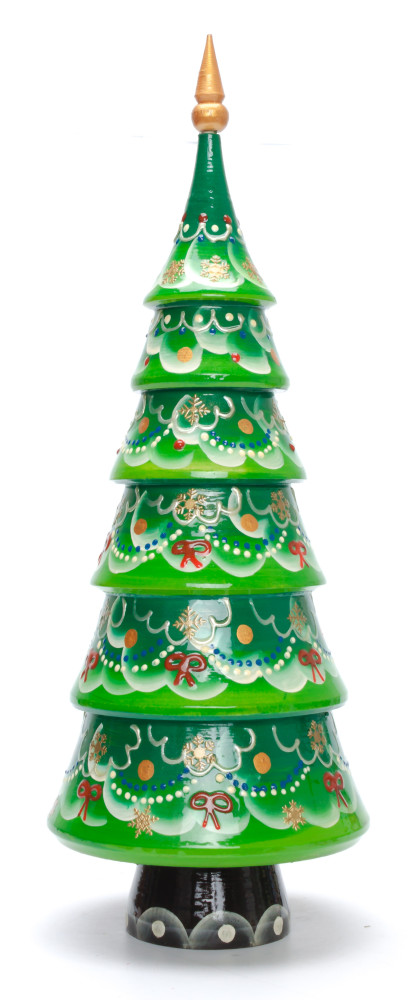 320 mm Christmas Wooden Green Tree with Hand Painted Garlands and Decorations