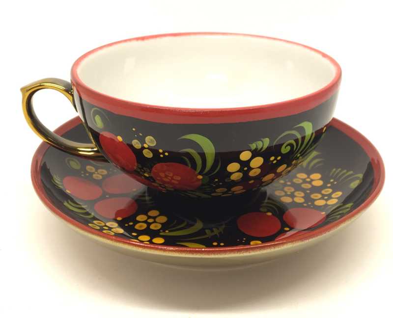 Khokhloma hand painted tea Cup with plate (by Samovarov)