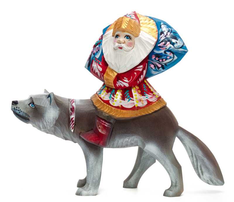 180 mm Santa with a Bag riding a Wolf Carved Wood Hand Painted Collectible Figurine (by Igor Carved Wooden Figures Studio)