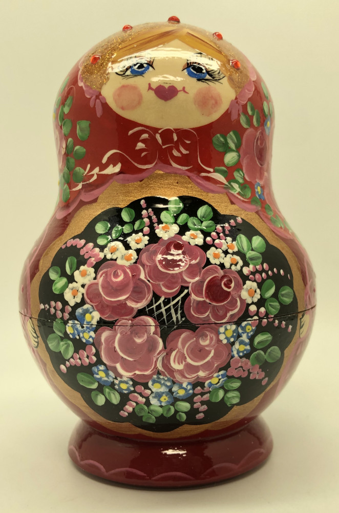 125 mm Red Gzhel Patterns hand painted on wooden Russian Matryoshka 5 pcs (by Rose Studio)