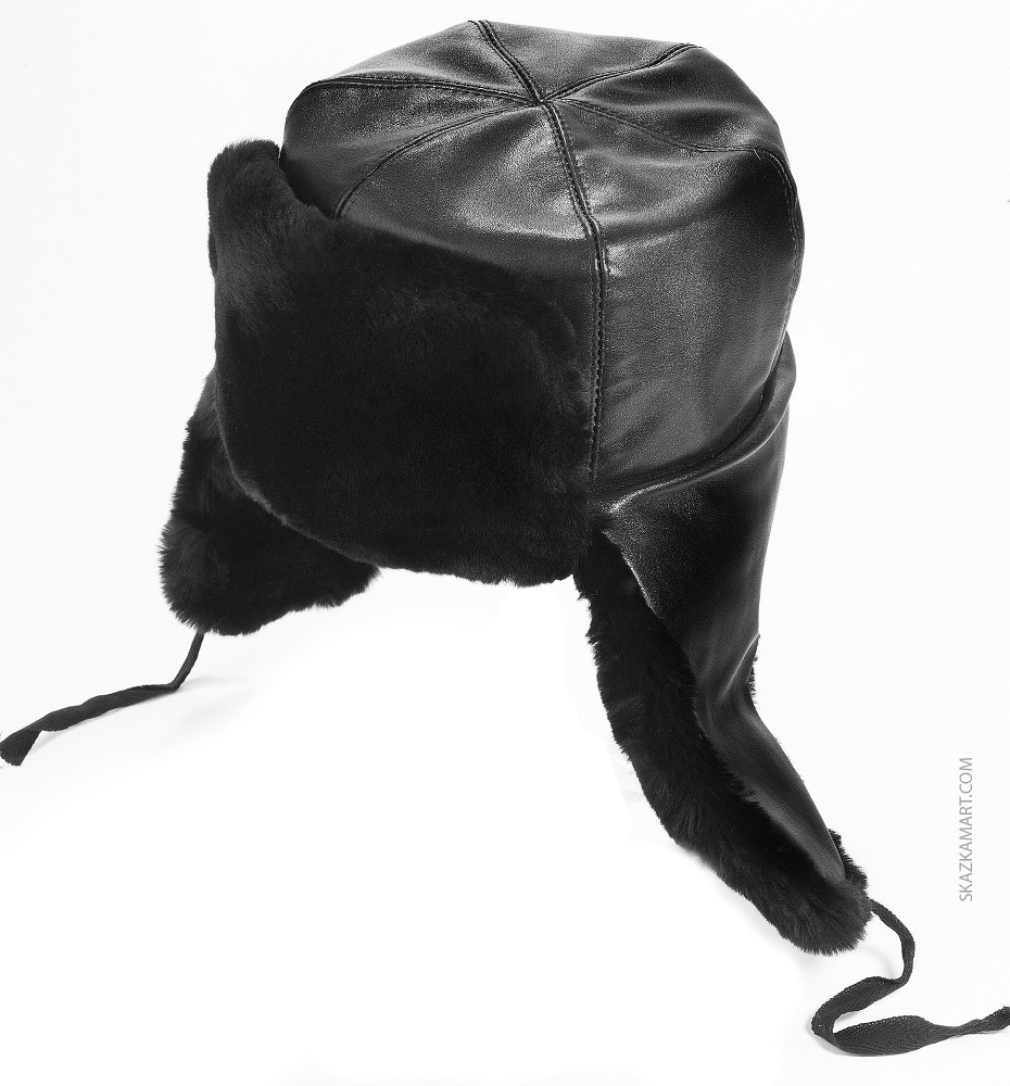 Black Mouton & Leather Ushanka Winter Hat (by Golden Fleece)