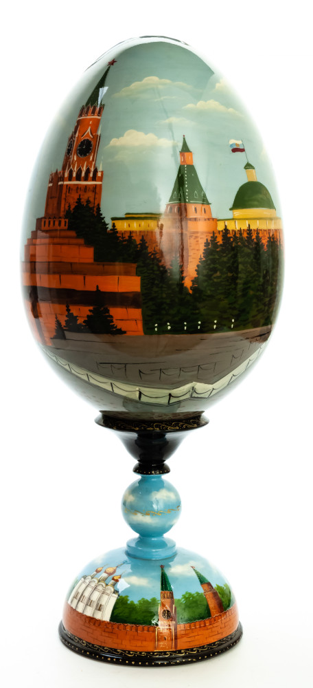  400 mm Saint Basil Cathedral and Moscow Kremlin hand painted on red colored wooden Egg with standby (by Tatiana Crafts)